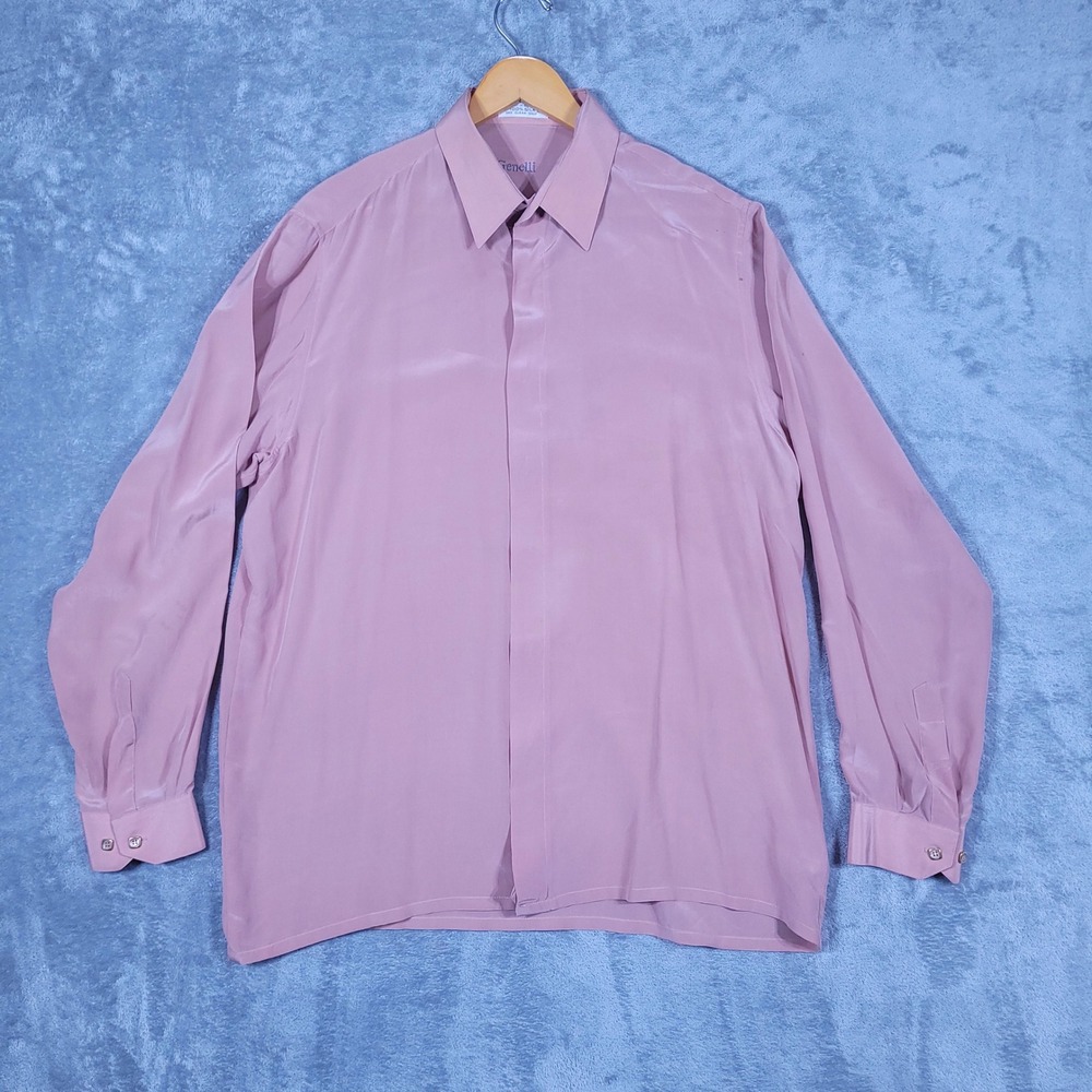 Vintage 80s Genelli Shirt Mens Large Dusty Rose Pink Silk Long Sleeve Button Up